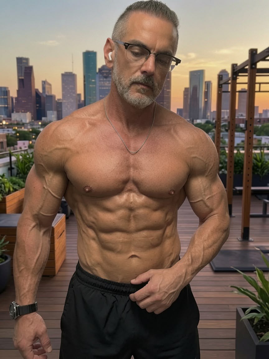 Rhett Kenagy rooftop gym training in Houston