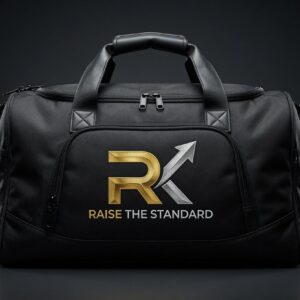 RK Elite Duffel Bag — black ballistic nylon gym travel bag with embroidered gold silver RK Raise The Standard logo
