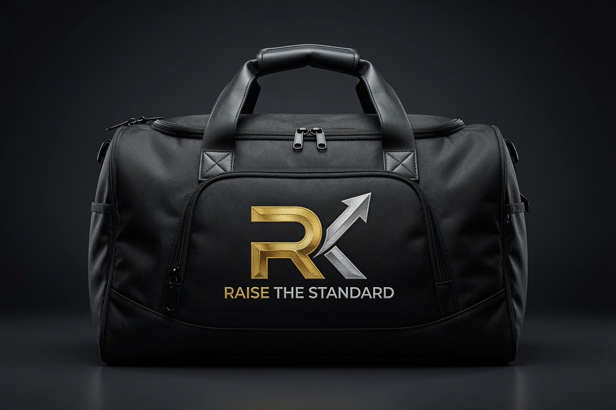 RK Elite Duffel Bag — black ballistic nylon gym travel bag with embroidered gold silver RK Raise The Standard logo