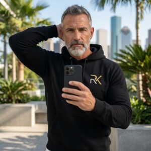RK Elite Signature Hoodie — black premium hoodie with bold RK gold silver logo worn outdoors city palm trees