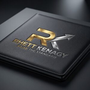 RK Executive Leather Portfolio — black pebble-grain vegan leather portfolio with embossed Rhett Kenagy Raise The Standard gold silver logo
