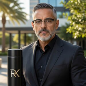 RK Executive Insulated Tumbler 20oz — matte black stainless steel with gold RK logo held by executive in business setting