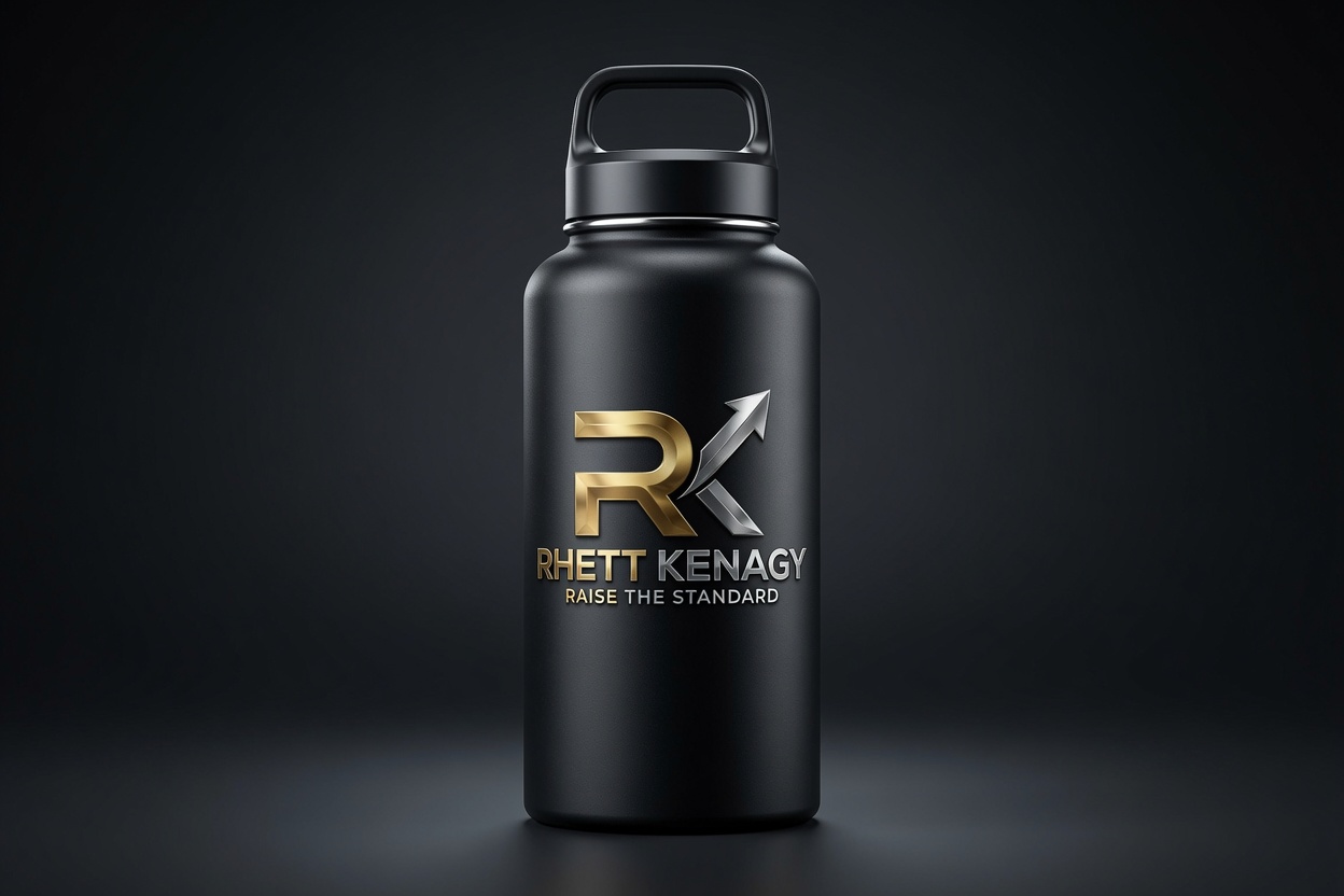 RK Insulated Water Bottle 40oz — matte black large stainless steel with Rhett Kenagy Raise The Standard branding