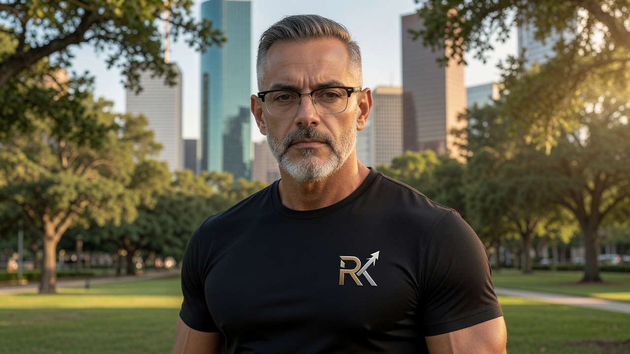 RK Premium Performance Tee alternate lifestyle — black athletic tee with RK logo park skyline golden hour