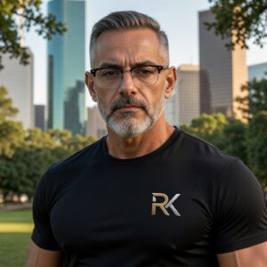 RK Premium Performance Tee — athletic fit black t-shirt with embroidered gold silver RK logo worn outdoors Houston skyline