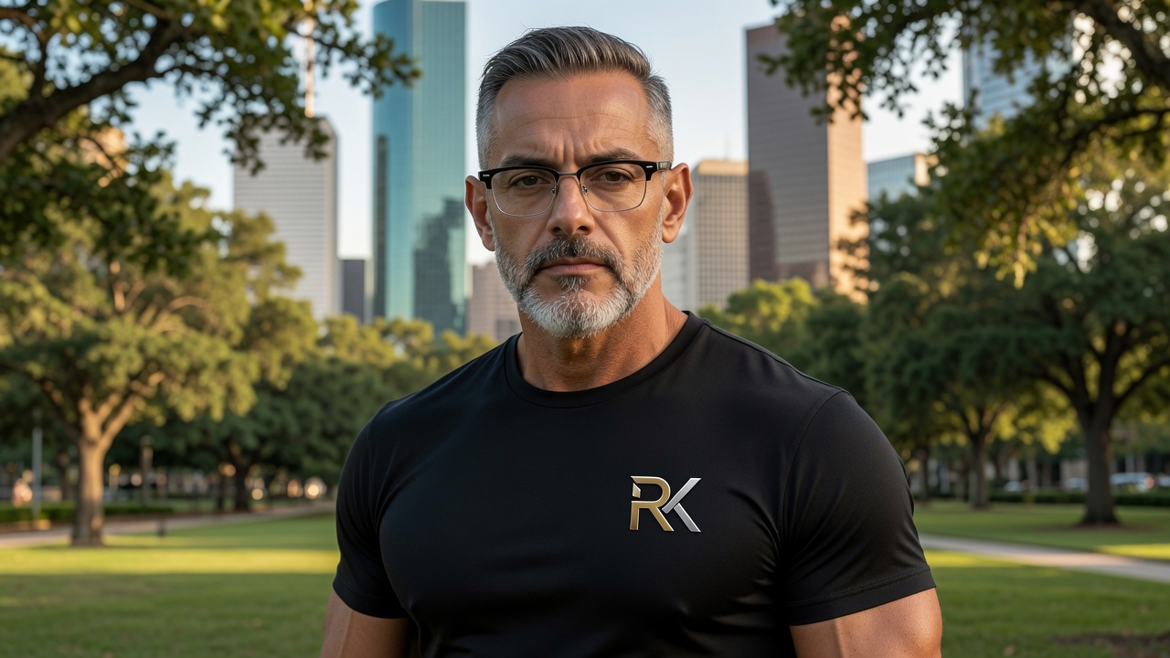 RK Premium Performance Tee — athletic fit black t-shirt with embroidered gold silver RK logo worn outdoors Houston skyline