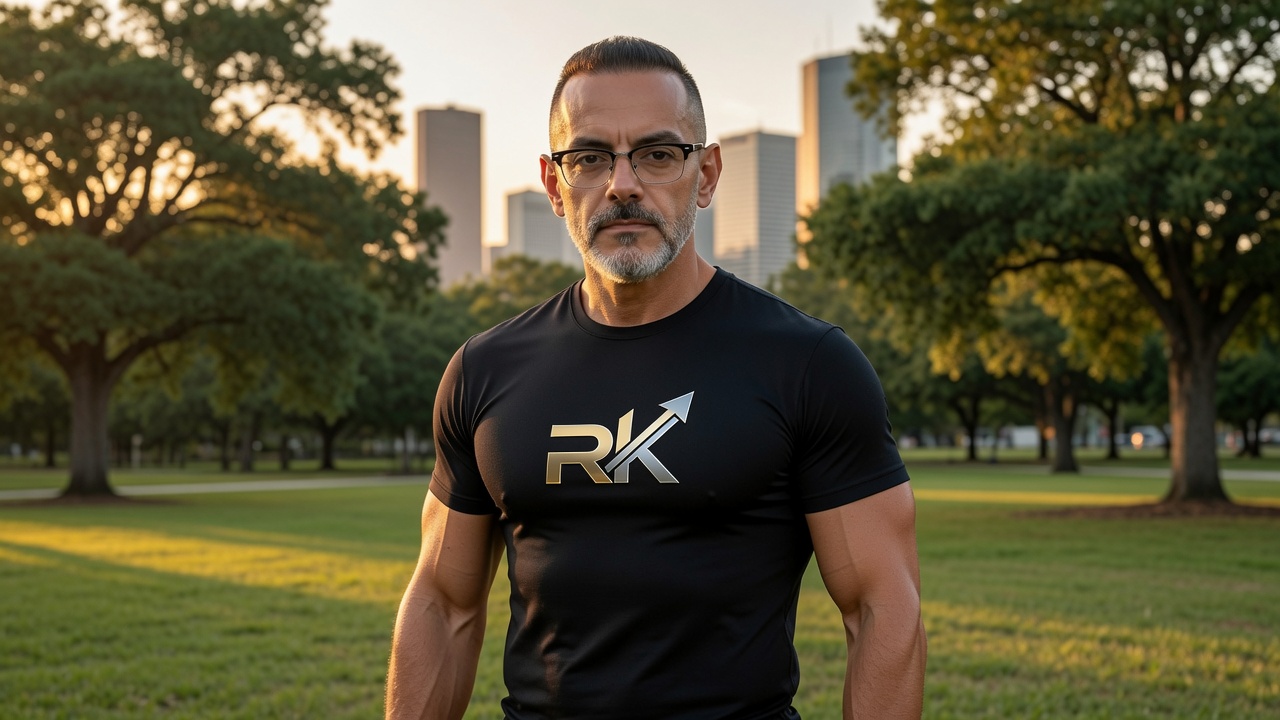 RK Premium Performance Tee park lifestyle — black athletic tee with gold silver RK logo in park at golden hour