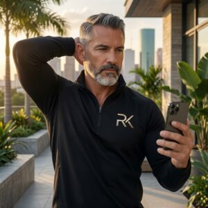 RK Quarter-Zip Performance Pullover — black slim-fit with gold RK logo worn on luxury rooftop sunset