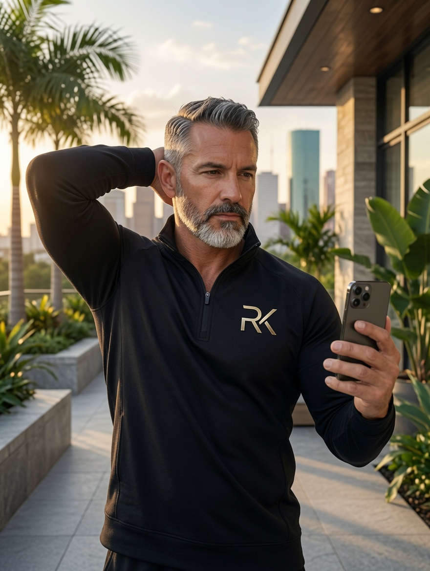 RK Quarter-Zip Performance Pullover — black slim-fit with gold RK logo worn on luxury rooftop sunset