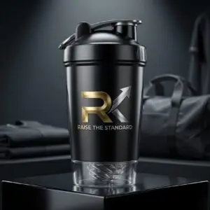RK Stainless Steel Shaker 28oz — matte black vacuum-insulated shaker with engraved gold RK logo