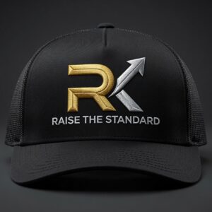 RK Signature Trucker Cap — black embroidered snapback with gold and silver RK monogram and Raise The Standard text by Rhett Kenagy