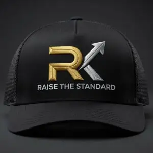 RK Signature Trucker Cap — black embroidered snapback with gold and silver RK monogram and Raise The Standard text by Rhett Kenagy