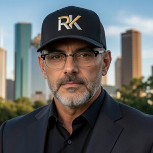 RK Signature Trucker Cap worn lifestyle — black snapback RK logo worn by man in suit against Houston skyline