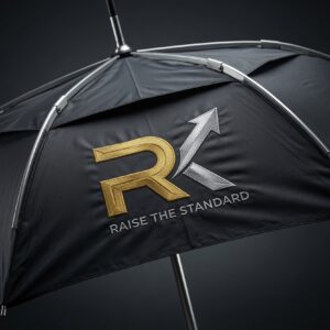 RK Signature Umbrella — black windproof umbrella with embroidered gold silver RK Raise The Standard logo chrome frame ribs